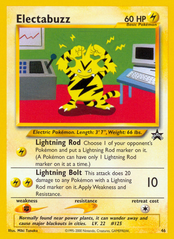Electabuzz - 60 HP - Lightning - Lightning Rod [Lightning]: Choose 1 of your opponent's Pokémon and put a Lightning Rod marker on it. (A Pokémon can have only 1 Lightning Rod marker on it at a time.) - Lightning Bolt [LightningLightning] 10: This attack does 20 damage to any Pokémon with a Lightning Rod marker on it. Apply Weakness and Resistance. - Weakness: Fighting ×2