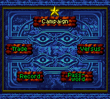 Main menu screen with five options: Campaign, Trade, Versus, Record, and Password, arranged on an ornate blue stone background.